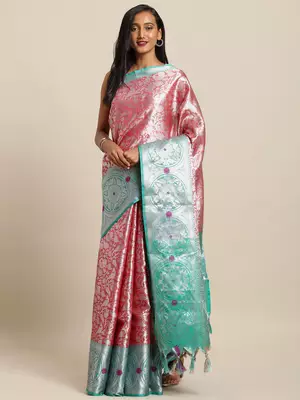 pink woven silk blend saree with blouse 1