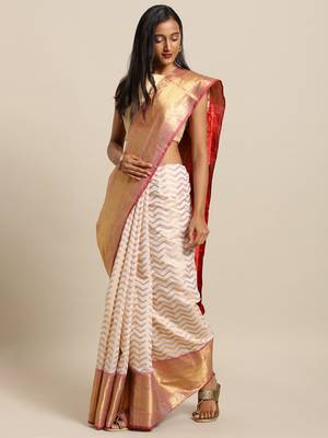 white woven silk blend saree with blouse 1