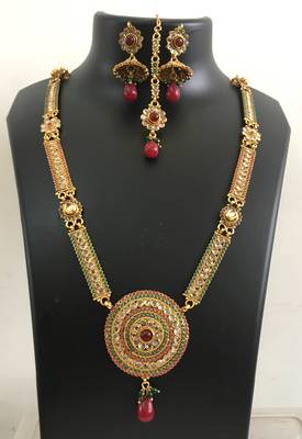 Long Polki maroon green necklace jhumka earring tikka set 1