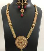 Long Polki maroon green necklace jhumka earring tikka set
