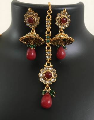 Long Polki maroon green necklace jhumka earring tikka set 2