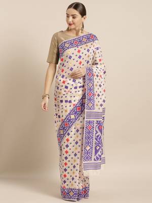 Cream Woven Cotton Saree With Blouse 1