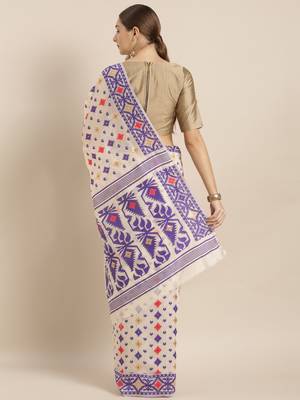 Cream Woven Cotton Saree With Blouse 2