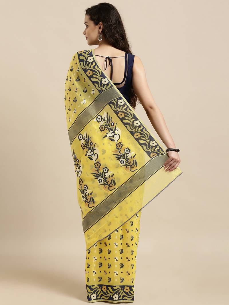 Mustard Printed Cotton Blend Saree With Unstitched Blouse Piece main image 0