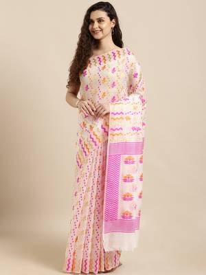 White Woven Cotton Saree With Blouse 1