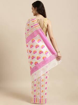 White Woven Cotton Saree With Blouse 2