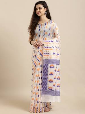 White Woven Cotton Saree With Blouse 1