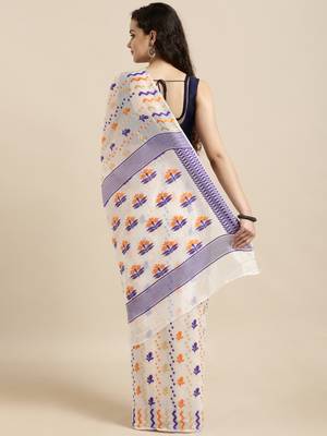 White Woven Cotton Saree With Blouse 2