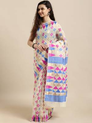 Cream Woven Cotton Saree With Blouse 1