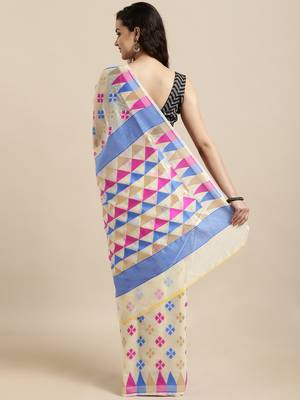 Cream Woven Cotton Saree With Blouse 2