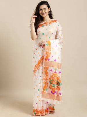 white woven cotton saree with blouse 1