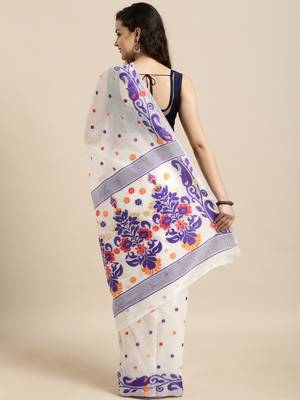 White Woven Cotton Saree With Blouse 2