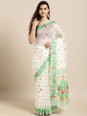 White Woven Cotton Saree With Blouse 1