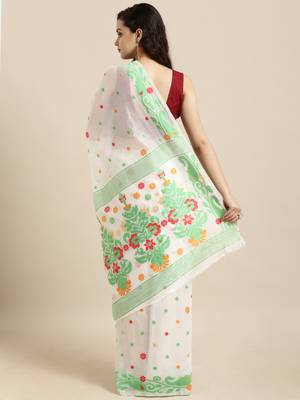 White Woven Cotton Saree With Blouse 2