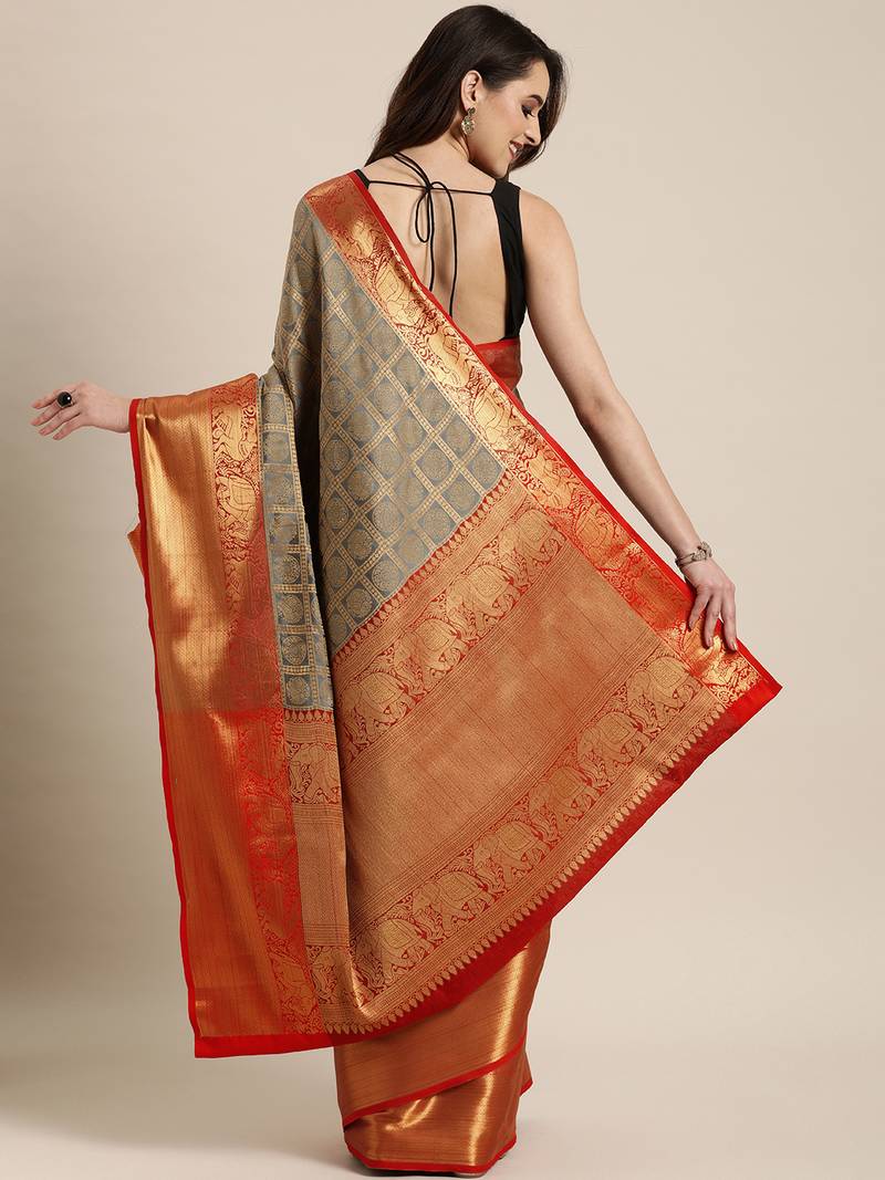 Women Grey Cotton Blend Saree With UnStiched Blouse