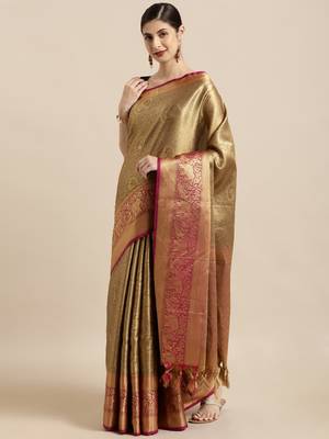 gold woven silk blend saree with blouse 1