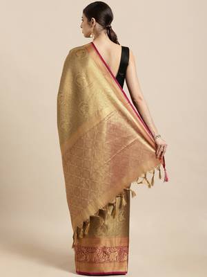 gold woven silk blend saree with blouse 2