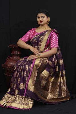 wine woven silk blend saree with blouse 1