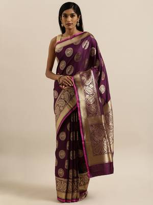 wine woven silk blend saree with blouse 2
