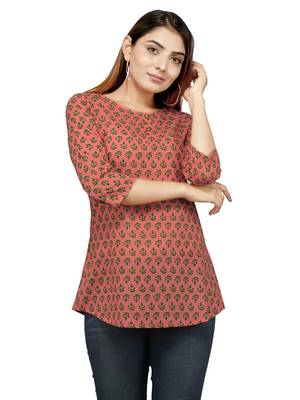 Peach printed cotton cotton-kurtis 1