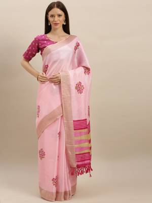 pink woven jute saree with blouse 1
