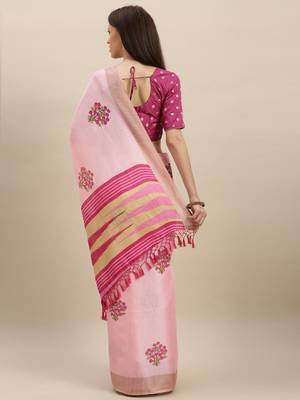 pink woven jute saree with blouse 2