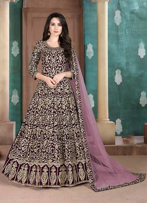 Dark-purple embroidered georgette salwar Kameez 1