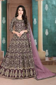 Dark-purple embroidered georgette salwar Kameez