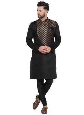 BLACK PRINTED BROCADE SILK KURTA-PAJAMA SET FOR MEN BY TREEMODA 1