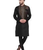 BLACK PRINTED BROCADE SILK KURTA-PAJAMA SET FOR MEN BY TREEMODA