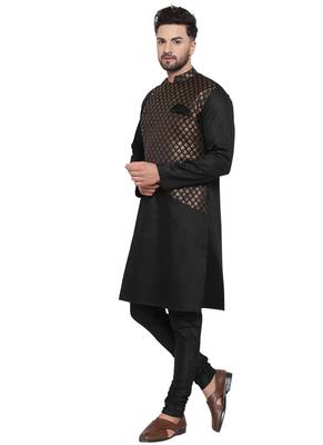 BLACK PRINTED BROCADE SILK KURTA-PAJAMA SET FOR MEN BY TREEMODA 3