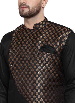 BLACK PRINTED BROCADE SILK KURTA-PAJAMA SET FOR MEN BY TREEMODA 5