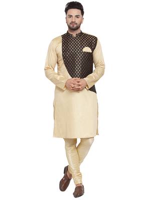 Beige Printed Brocade Silk Kurta-Pajama Set For Men By Treemoda 1
