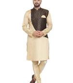 Beige Printed Brocade Silk Kurta-Pajama Set For Men By Treemoda
