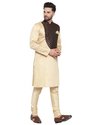 Beige Printed Brocade Silk Kurta-Pajama Set For Men By Treemoda 2