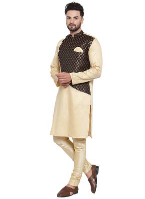 Beige Printed Brocade Silk Kurta-Pajama Set For Men By Treemoda 3