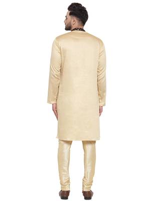 Beige Printed Brocade Silk Kurta-Pajama Set For Men By Treemoda 4