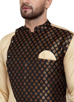 Beige Printed Brocade Silk Kurta-Pajama Set For Men By Treemoda 5
