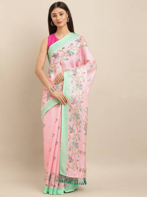 baby-pink woven jute saree with blouse 1