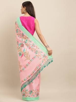 baby-pink woven jute saree with blouse 2