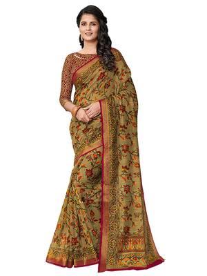 Olive printed cotton saree with blouse 1