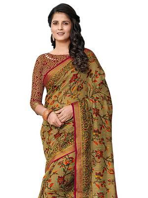 Olive printed cotton saree with blouse 2