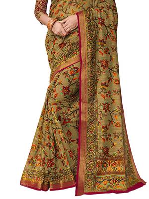 Olive printed cotton saree with blouse 3