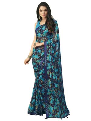 Navy blue printed chiffon saree with blouse 1