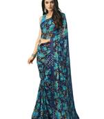 Navy blue printed chiffon saree with blouse