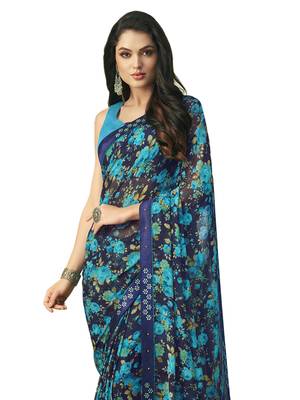 Navy blue printed chiffon saree with blouse 2