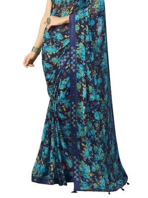 Navy blue printed chiffon saree with blouse 3