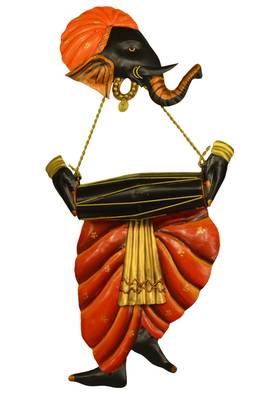 Ganesha Playing Dholak Red + Black 1