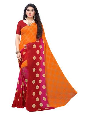 Orange printed chiffon saree with blouse 1
