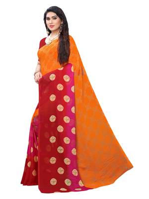 Orange printed chiffon saree with blouse 2